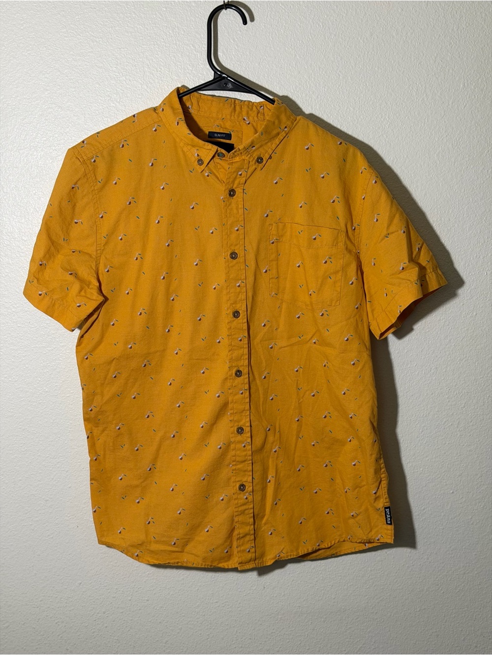 Prana Shirt Mens Medium Yellow AOP Broderick Slim Camp Lightweight Cotton Blend